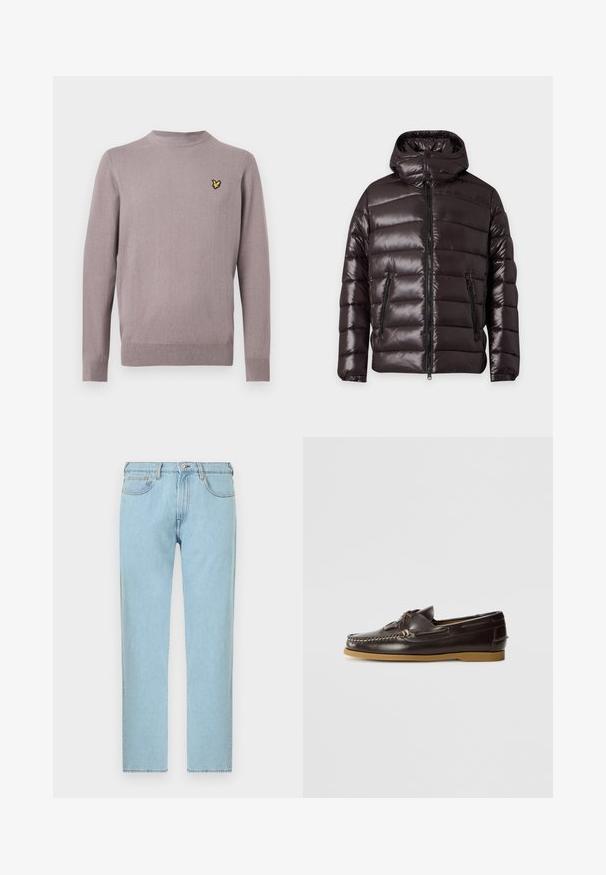 Veste d'hiver noire brillante matelassée avec fermeture éclair devant, deux poches zippées, un col montant et une capuche attachée.; Pull en tricot violet clair à manches longues avec col rond, poignets et ourlet côtelés, et petit logo d'oiseau jaune sur la poitrine gauche.; Jean en denim bleu clair à jambes droites avec fermeture à bouton et fermeture éclair à l'avant, poches avant et arrière, présenté sur fond blanc.; Hereu SALER NAUTIC - Chaussures bateau - dark brown