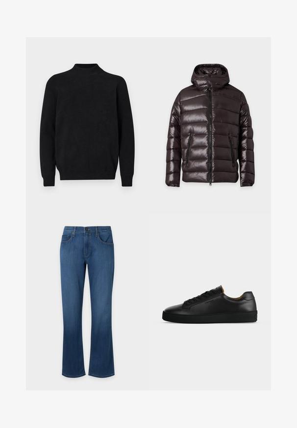 Veste d'hiver noire brillante matelassée avec fermeture éclair devant, deux poches zippées, un col montant et une capuche attachée.; Pull en tricot noir avec un col montant, des manches longues et une texture côtelée. Design simple et uni avec une coupe décontractée et sans motifs visibles.; Jean en denim bleu avec bouton et fermeture éclair à l'avant, style cinq poches, jambes légèrement évasées sur fond uni.; Basket basse en cuir noir avec lacets noirs, semelle en caoutchouc texturée et petit logo embossé sur le côté, présenté de profil sur fond gris.