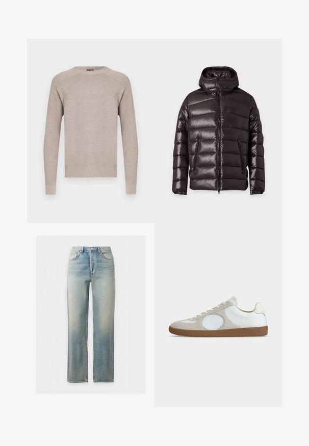 Veste d'hiver noire brillante matelassée avec fermeture éclair devant, deux poches zippées, un col montant et une capuche attachée.; Pull en maille beige avec un col rond, manches longues et bords-côtes aux poignets et à l'ourlet. Texture lisse avec un motif subtil et uniforme.; Jean en denim délavé bleu clair avec coupe droite, fermeture à boutons et zip sur le devant, et design cinq poches.; Baskets décontractées à profil bas avec tige en cuir blanc, accents en daim beige clair, bout rond, lacets blancs et semelle en gomme.