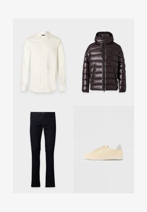 Veste d'hiver noire brillante matelassée avec fermeture éclair devant, deux poches zippées, un col montant et une capuche attachée.; Chemise blanche à manches longues en coton. Elle présente un col pointu, une patte de boutonnage à l'avant et un logo subtil brodé sur la poitrine.; Jean slim-fit indigo foncé avec bouton et fermeture éclair à l’avant, design classique à cinq poches, présenté à plat sur un fond clair.; Baskets basses beige à lacets, semelle rose clair et languette grise à l'arrière marquée "Filling Pieces", vues de profil sur fond uni.