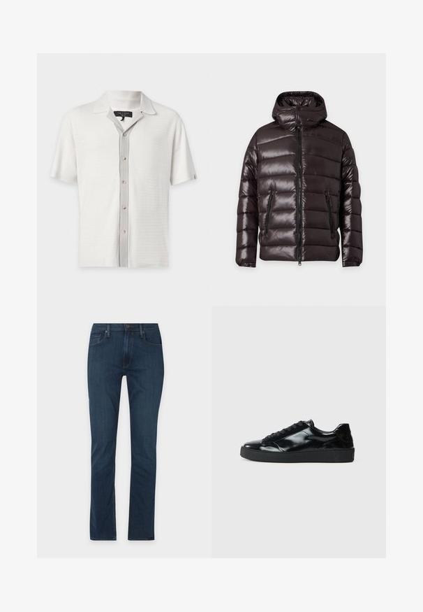 Veste d'hiver noire brillante matelassée avec fermeture éclair devant, deux poches zippées, un col montant et une capuche attachée.; Polo en maille blanche à manches courtes avec patte de boutonnage beige contrastante et petit col par rag & bone.; Jean droit en denim bleu foncé avec bouton et fermeture éclair à l'avant, poches avant et arrière, présenté sur un fond uni.; Baskets en cuir verni noir avec un bout arrondi, un laçage, une semelle en caoutchouc texturé et une finition lisse.