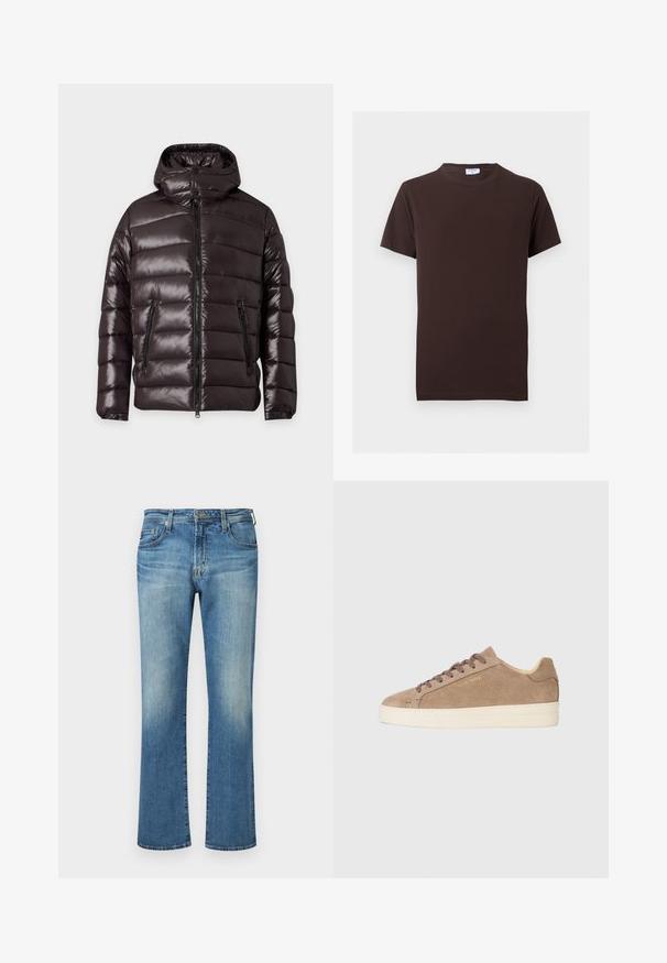 Veste d'hiver noire brillante matelassée avec fermeture éclair devant, deux poches zippées, un col montant et une capuche attachée.; T-shirt uni marron foncé à manches courtes avec col rond, coupe slim et petite étiquette blanche à l'intérieur du col.; Pantalon en denim bleu, design à jambe droite avec un délavage, présentant un style classique à cinq poches et des accents en métal.; Baskets en daim beige avec une toe ronde, semelle en caoutchouc crème et lacets marron. Présente un logo de marque en relief sur le côté et un matériau texturé.