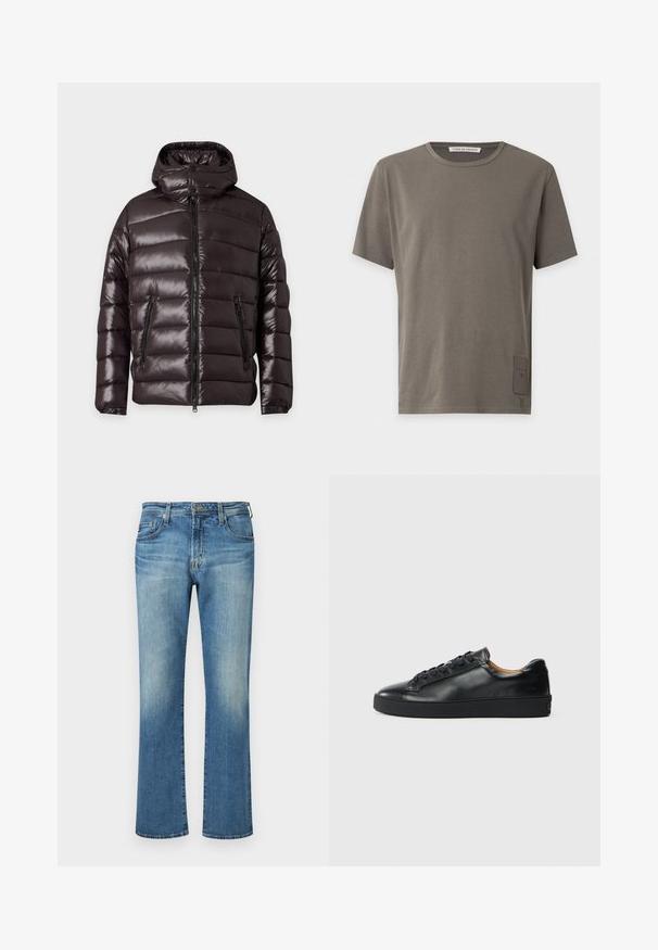 Veste d'hiver noire brillante matelassée avec fermeture éclair devant, deux poches zippées, un col montant et une capuche attachée.; T-shirt vert olive à manches courtes avec col rond et une petite étiquette rectangulaire près de l'ourlet inférieur du côté gauche.; Pantalon en denim bleu, design à jambe droite avec un délavage, présentant un style classique à cinq poches et des accents en métal.; Baskets en cuir noir avec une texture lisse, bout rond et fermeture à lacets. Comprend une semelle en caoutchouc épaisse et un minimum de détails de marque.