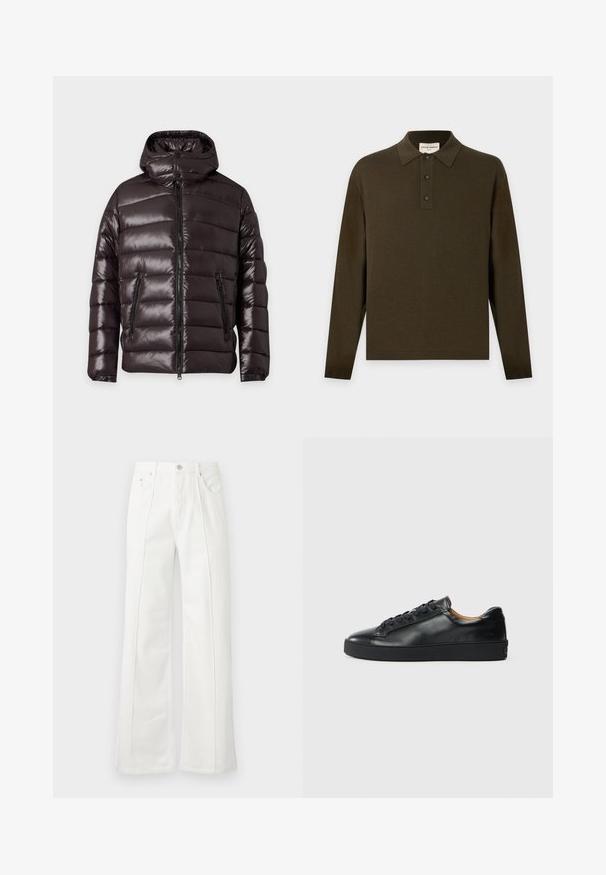 Veste d'hiver noire brillante matelassée avec fermeture éclair devant, deux poches zippées, un col montant et une capuche attachée.; Polo manches longues vert foncé avec patte de boutonnage trois boutons et col classique, présenté à plat sur un fond clair.; Pantalon blanc taille haute à jambes larges avec coutures devant, passants de ceinture, fermeture par bouton et poches latérales sur fond uni.; Baskets en cuir noir avec une texture lisse, bout rond et fermeture à lacets. Comprend une semelle en caoutchouc épaisse et un minimum de détails de marque.
