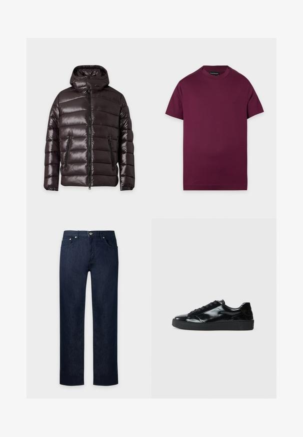 Chaqueta de invierno acolchada negra y brillante con cremallera frontal, dos bolsillos con cremallera, cuello alto y capucha incorporada.; Camiseta lisa de color púrpura oscuro con mangas cortas y cuello redondo, con un pequeño logo bordado en el lado izquierdo del pecho y una etiqueta de marca negra dentro del cuello.; Vaqueros de mezclilla azul oscuro de pierna recta con botón frontal y diseño de cinco bolsillos, mostrados sobre un fondo claro y sencillo.; Zapatillas de charol negro con punta redonda, diseño con cordones, suela de goma texturizada y acabado suave.
