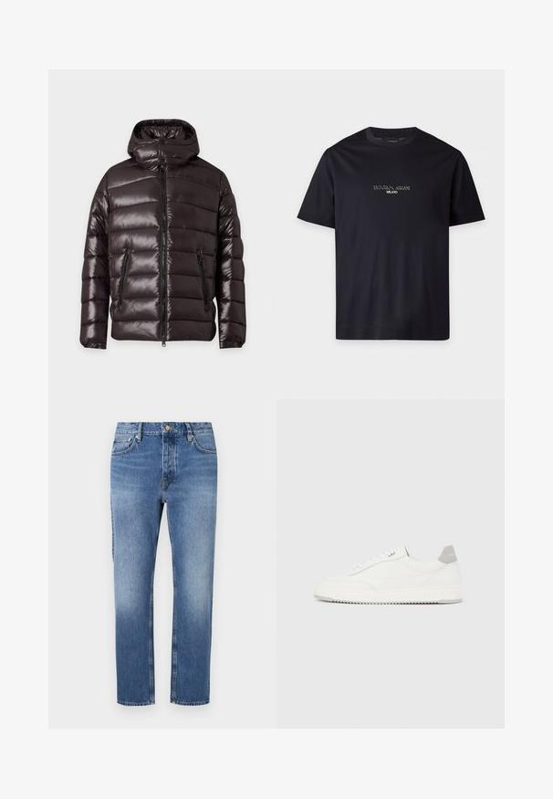 Schwarze glänzende wattierte Winterjacke mit Frontreißverschluss, zwei Reißverschlusstaschen, hohem Kragen und angenähter Kapuze.; Schwarzes Kurzarm-T-Shirt mit Rundhalsausschnitt und dem Text "EMPORIO ARMANI MILANO", zentriert auf der Brust in kleiner weißer Schrift.; Blaue Jeans aus Denim mit geradem Bein, heller Waschung, klassischem Fünf-Taschen-Stil und vorderem Knopfverschluss.; Weißer Sneaker mit niedrigem Schaft, grauem Fersenlaschen, weißen Schnürsenkeln und einer strukturierten Sohle, dargestellt vor einem schlichten hellen Hintergrund.