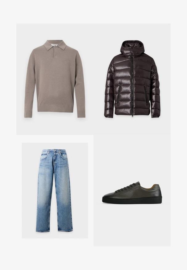 Veste d'hiver noire brillante matelassée avec fermeture éclair devant, deux poches zippées, un col montant et une capuche attachée.; Pull polo gris en tricot avec col, deux boutons et poignets et ourlet côtelés, arborant un logo subtil sur la poitrine.; Jean en denim bleu clair à jambes larges avec poches avant, passants de ceinture et fermeture par bouton sur un fond uni.; Basket basse en cuir gris foncé avec lacets et semelle noirs, design minimaliste, profil latéral sur un fond clair uni.