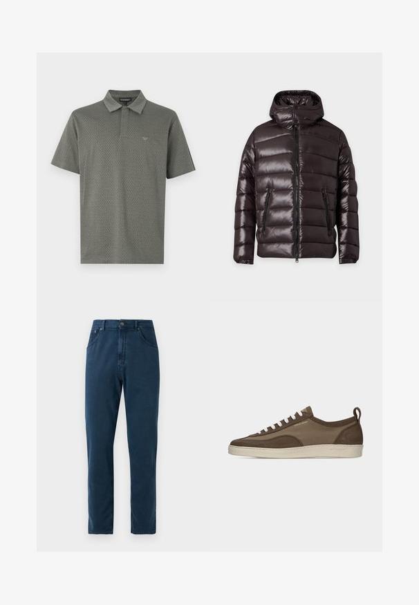 Veste d'hiver noire brillante matelassée avec fermeture éclair devant, deux poches zippées, un col montant et une capuche attachée.; Polo à manches courtes de couleur vert foncé avec un motif géométrique texturé, col classique et logo discret brodé sur la poitrine.; Jean droit bleu marine avec boutons à l'avant, passants de ceinture et coutures visibles sur les poches et les coutures.; Baskets basses marron à profil bas avec lacets blancs, semelle beige, dessus en tissu et daim, languette latérale et logo "Tiger of Sweden" en texte doré.