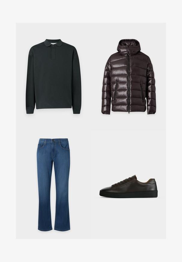 Veste d'hiver noire brillante matelassée avec fermeture éclair devant, deux poches zippées, un col montant et une capuche attachée.; Polo shirt noir à manches longues avec une patte de boutonnage à un seul bouton et des poignets côtelés, présenté sur un fond clair.; Jean en denim bleu avec bouton et fermeture éclair à l'avant, style cinq poches, jambes légèrement évasées sur fond uni.; Baskets basses en cuir marron foncé avec semelle en caoutchouc noire, lacets à l'avant et design minimaliste épuré sur fond clair.