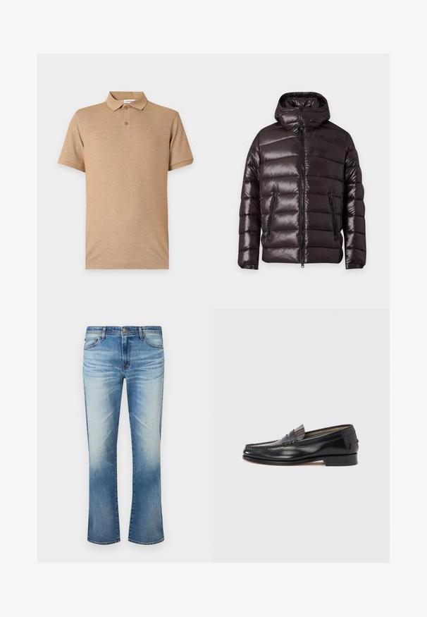 Veste d'hiver noire brillante matelassée avec fermeture éclair devant, deux poches zippées, un col montant et une capuche attachée.; Polo beige à manches courtes avec deux boutons et un logo brodé discret sur la poitrine gauche, présenté sur un fond uni.; Jean droit délavé bleu pour hommes avec fermeture à bouton et design à cinq poches sur fond blanc.; Mocassins en cuir noir avec un design de style mocassin, présentant une bande décorative et un détail de couture sur le dessus. Talon bloc bas.