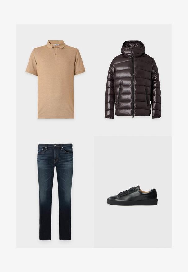 Veste d'hiver noire brillante matelassée avec fermeture éclair devant, deux poches zippées, un col montant et une capuche attachée.; Polo beige à manches courtes avec deux boutons et un logo brodé discret sur la poitrine gauche, présenté sur un fond uni.; Jean slim bleu foncé avec légère décoloration sur les cuisses et les genoux, design à cinq poches, et fermeture par bouton à la taille.; Baskets en cuir noir avec une texture lisse, bout rond et fermeture à lacets. Comprend une semelle en caoutchouc épaisse et un minimum de détails de marque.