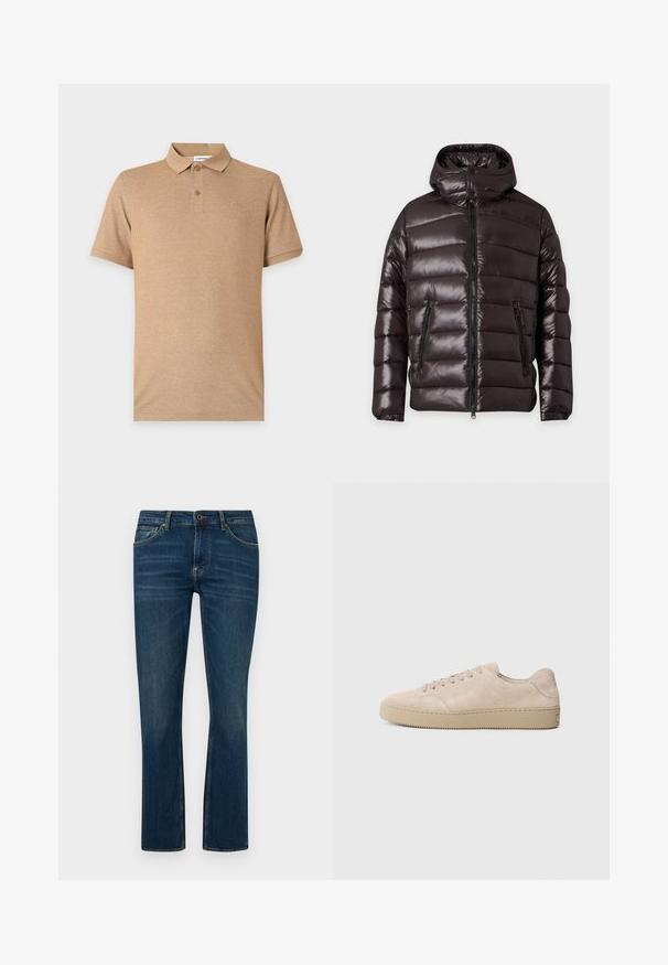 Veste d'hiver noire brillante matelassée avec fermeture éclair devant, deux poches zippées, un col montant et une capuche attachée.; Polo beige à manches courtes avec deux boutons et un logo brodé discret sur la poitrine gauche, présenté sur un fond uni.; Jean en denim bleu foncé à jambes droites avec poches avant, passants pour ceinture, fermeture à bouton et légère décoloration sur les cuisses et les genoux.; Baskets en daim beige avec un bout rond, des lacets plats et une semelle en caoutchouc texturé. Design minimaliste avec des bords lisses et des coutures discrètes.