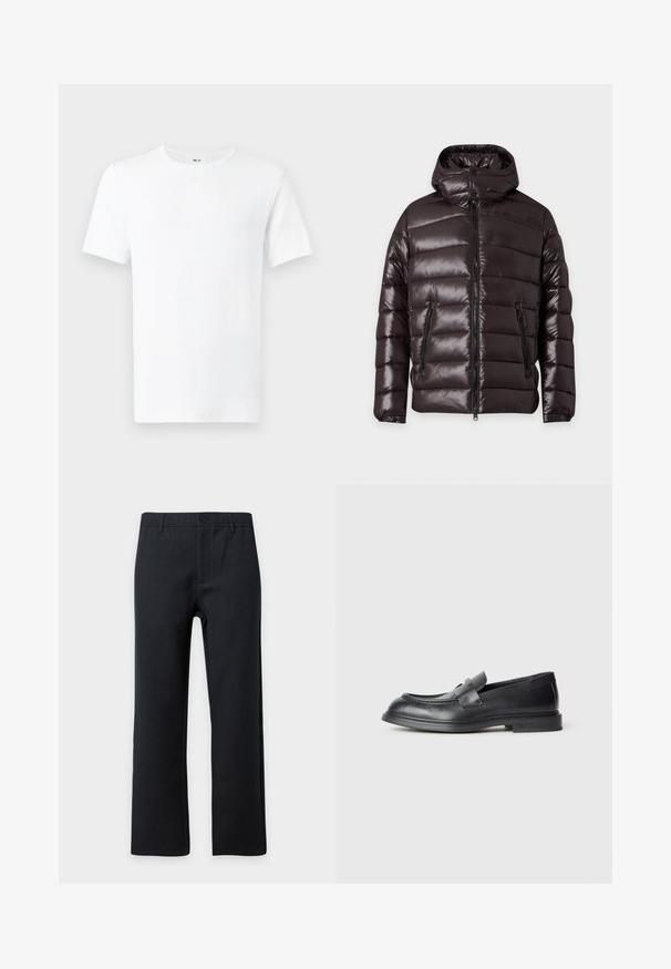 Veste d'hiver noire brillante matelassée avec fermeture éclair devant, deux poches zippées, un col montant et une capuche attachée.; T-shirt blanc uni à manches courtes et col rond, présenté de face avec une étiquette visible dans le cou sur un fond clair.; Pantalon noir droit avec passants de ceinture, bouton devant et fermeture éclair sur un fond clair uni.; Mocassins en cuir noir avec une finition texturée, dotés d'une bride décorative à l'avant et d'un bout arrondi. Semelle en caoutchouc pour plus de durabilité.