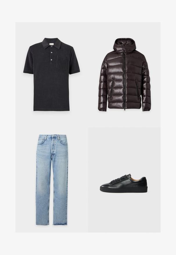 Veste d'hiver noire brillante matelassée avec fermeture éclair devant, deux poches zippées, un col montant et une capuche attachée.; Polo noir à manches courtes avec trois boutons blancs et une poche poitrine, posé à plat sur un fond neutre.; Jean denim bleu clair à coupe droite avec poches avant, passants de ceinture et fermeture à boutons sur fond blanc.; Baskets en cuir noir avec une texture lisse, bout rond et fermeture à lacets. Comprend une semelle en caoutchouc épaisse et un minimum de détails de marque.