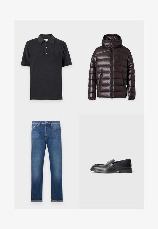 Veste d'hiver noire brillante matelassée avec fermeture éclair devant, deux poches zippées, un col montant et une capuche attachée.; Polo noir à manches courtes avec trois boutons blancs et une poche poitrine, posé à plat sur un fond neutre.; Jean droit pour homme en denim bleu avec fermeture par bouton, design à cinq poches, et ourlets retroussés sur fond blanc.; Mocassins en cuir noir avec une finition texturée, dotés d'une bride décorative à l'avant et d'un bout arrondi. Semelle en caoutchouc pour plus de durabilité.