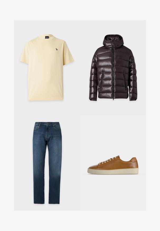 Veste d'hiver noire brillante matelassée avec fermeture éclair devant, deux poches zippées, un col montant et une capuche attachée.; T-shirt jaune clair à manches courtes avec un petit logo zèbre multicolore sur la poitrine gauche et une étiquette noire à l’intérieur du col.; Jeans droits en denim bleu foncé avec poches avant et arrière et fermeture par bouton et zip à la taille.; Baskets basses en cuir marron avec lacets crème et semelle épaisse en caoutchouc crème, vues de profil sur fond blanc.