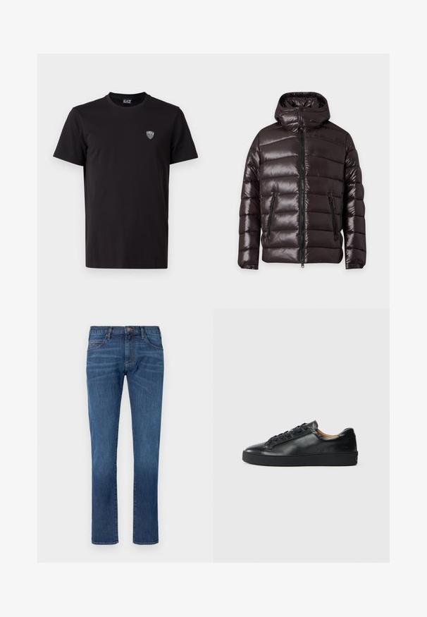 Schwarze glänzende wattierte Winterjacke mit Frontreißverschluss, zwei Reißverschlusstaschen, hohem Kragen und angenähter Kapuze.; Schwarzes T-Shirt mit kurzen Ärmeln aus glattem Stoff, mit einem dezenten gestickten Logo auf der linken Brust und einem klassischen Rundhalsausschnitt.; Blaue Jeans aus Denim mit geradem Bein, ausgestattet mit klassischem Fünf-Taschen-Design und Knopfverschluss. Dezentes Ausbleichen über der Stoffstruktur.; Schwarze Leder-Sneaker mit glatter Textur, runder Zehenpartie und Schnürverschluss. Verfügt über eine dicke Gummisohle und minimalistische Marken-Details.