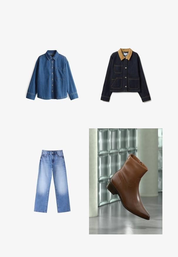 Jeansjacke mit einem beigen Cord-Kragen, vier Fronttaschen, dunkelblauem Stoff und sichtbaren Nahtdetails. Vorderseite mit Knopfleiste.; Jeanshemd, hellblau, langärmlig, Knopfleiste vorne, Kragen, eine Brusttasche, kontrastierende Nähte und ein lässiger Schnitt.; Hellblaue Jeans mit weitem Bein, vorderer Knopfleiste und Reißverschluss, Fünf-Taschen-Stil und ausgewaschenem Look an Oberschenkeln und Unterschenkeln.; Brauner Leder-Knöchelstiefel mit niedrigem Absatz und seitlichem Reißverschluss, vor einem Hintergrund aus Glasbausteinen und glatter Bodenfläche präsentiert.