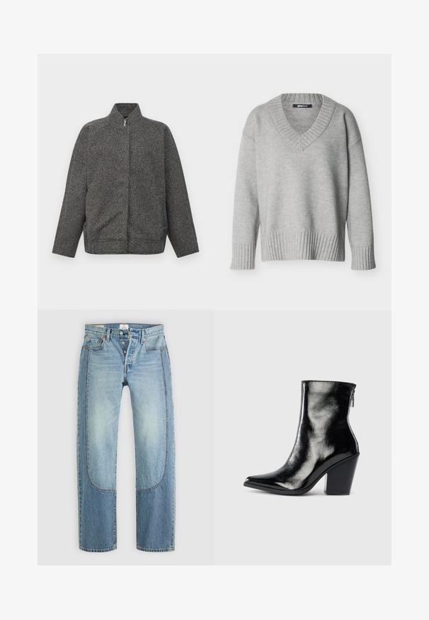 Grijze zip-up jas gemaakt van textuurstof; heeft een hoge kraag en een ontspannen, oversized pasvorm. Schoon ontwerp zonder zichtbare versieringen.; Lichtgrijze gebreide trui met V-hals, geribbelde manchetten en zoom, weergegeven op een effen witte achtergrond.; Lichtblauwe denim jeans met een rechte, losse pasvorm, voorzien van contrasterende paneeldetails en een vijf-pocket ontwerp. Knopen vloogsluiting.; Zwarte leren enkelboot met een glanzende afwerking, puntige neus en een blokhak. Voorzien van een zijrits voor gemakkelijke instap.