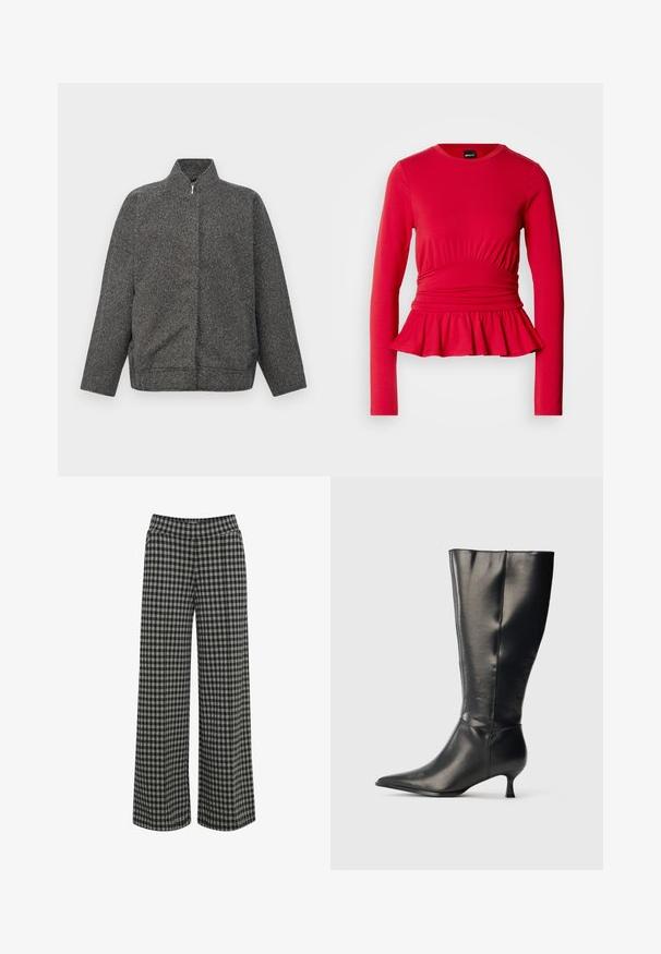 Veste grise zippée en tissu texturé ; présente un col haut et une coupe décontractée, oversized. Design épuré sans embellissements visibles.; Haut rouge à manches longues avec un col rond, un détail froncé à la taille et un bas évasé en forme de peplum, réalisé dans un tissu doux et extensible.; ICHI IHKATE - Pantalon classique - vetiver; Botte en cuir noire montant jusqu'au genou, avec un bout pointu et un petit talon bas, présentée sur un fond clair uni.