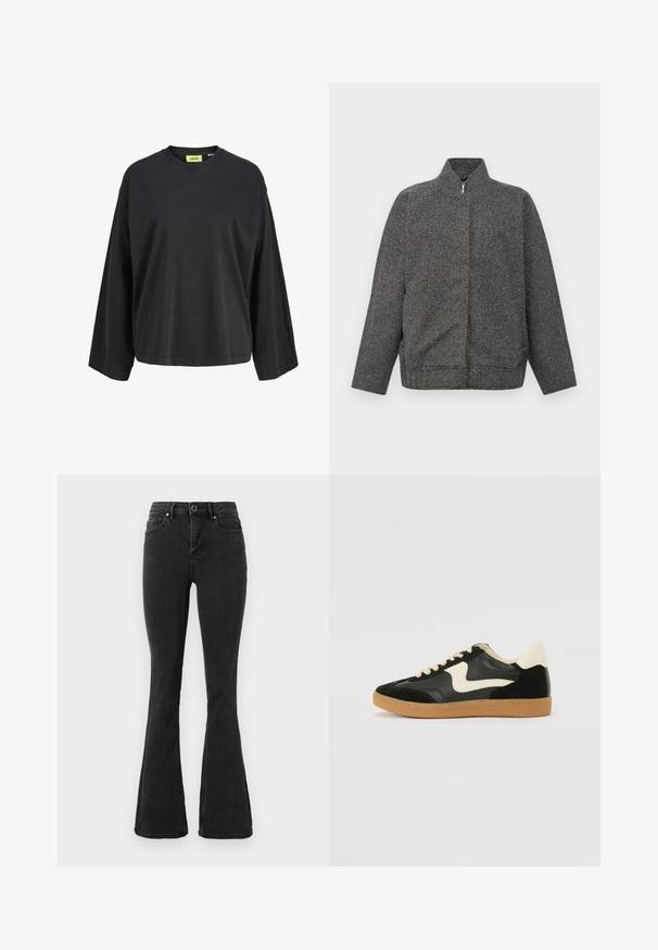 Grijze zip-up jas gemaakt van textuurstof; heeft een hoge kraag en een ontspannen, oversized pasvorm. Schoon ontwerp zonder zichtbare versieringen.; Zwart shirt met lange mouwen, ronde hals, een losse pasvorm en een geel merklipje aan de binnenkant van de kraag.; Zwarte hooggetailleerde flare jeans met voor knoop- en ritsluiting, voor- en achterzakken, en rechte gestikte zomen.; Zwarte suède en leren sneaker met een crèmekleurige zij-swoosh en lichte crèmekleurige hiel. Voorzien van beige veters en een gumrubberen zool.