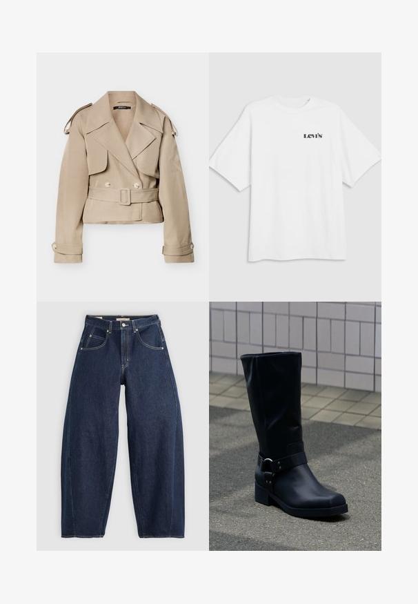 Trench-coat court beige avec larges revers, boutons croisés, ceinture à la taille, épaulettes et poignets boutonnés.; T-shirt blanc à manches courtes avec petit logo noir "Levi's" sur le côté gauche de la poitrine, présenté sur un fond gris clair uni.; Jean en denim bleu foncé, à coupe ample, avec des coutures claires, cinq poches et un bouton de fermeture à la taille.; Botte en cuir noire mi-mollet avec un petit talon bloc et une bride décorative avec boucle métallique autour de la cheville, sur un trottoir carrelé.