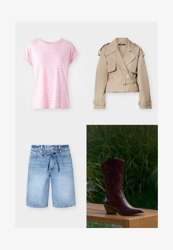 Beige cropped trenchcoat med brede revers, dobbeltradede knapper, bælte i taljen, skulderepåletter og knaplukning på ærmekanterne.; Lyserød stribet kortærmet t-shirt med rund halsudskæring. Blødt stof, afslappet pasform med jævne horisontale striber i varierende bredder.; Mellemblå denimshorts med høj talje, knap foran, fem lommer og et bundet stofbælte i taljen.; Mørkebrune læder cowboystøvler med broderede mønstre, lavt skråt hæl og trækflapper, placeret på en træ bænk med grønne planter i baggrunden.