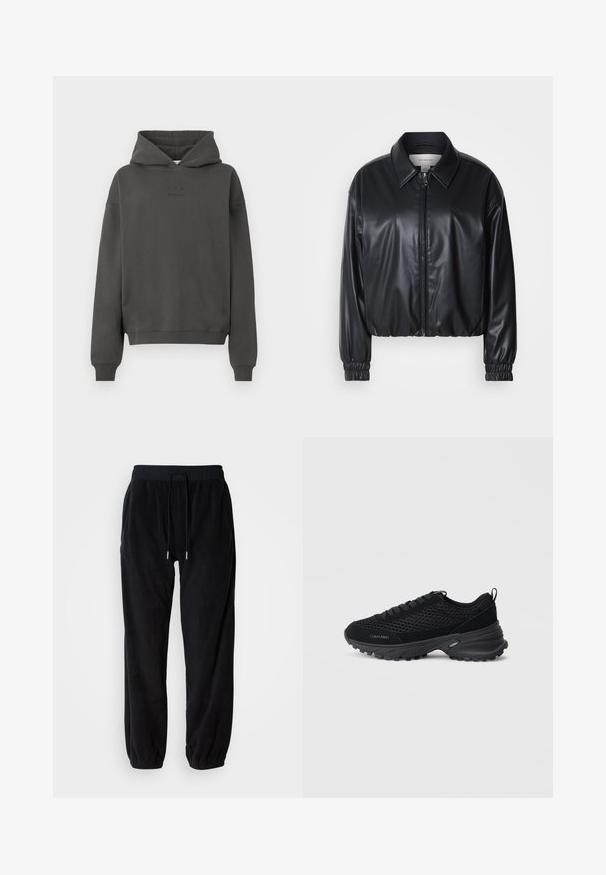 Zwarte cropped jacket van faux leer met een ritssluiting aan de voorkant, puntige kraag en elastische manchetten. Bevat minimale branding op de borst.; Donkergrijze hoodie van zacht materiaal, met een trekkoord in de capuchon, geribde mouwen en een discreet logo op de voorkant gedrukt.; Zwarte fleece joggingbroeken met een elastische tailleband, verstelbaar trekkoord en taps toelopende benen. Geweven stof met zijzakken.; Zwarte sportieve schoenen met een bovenwerk van mesh, suède accenten, vetersluiting en een geprofileerde chunkyzool voor grip. "Calvin Klein" logo zichtbaar.