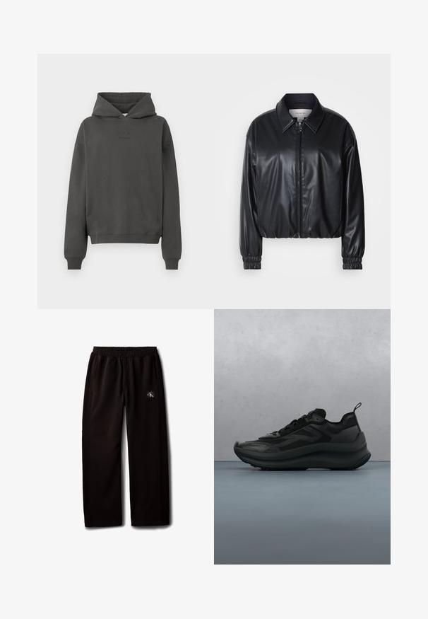 Zwarte cropped jacket van faux leer met een ritssluiting aan de voorkant, puntige kraag en elastische manchetten. Bevat minimale branding op de borst.; Donkergrijze hoodie van zacht materiaal, met een trekkoord in de capuchon, geribde mouwen en een discreet logo op de voorkant gedrukt.; Zwarte wijde broek met elastische tailleband en zijzakken, met een klein Calvin Klein logo-patch op de rechterdij.; Zwarte Calvin Klein sneaker met dikke zool die zweeft boven houten tegels buiten, met groen gebladerte en een grijze muur op de achtergrond.