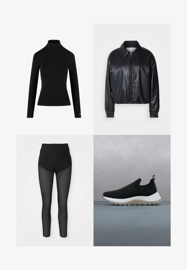 Sort cropped jakke i faux læder med lynlås foran, spidse kraver og elastiske håndled. Minimal brandings på brystet.; Sort ribbet langærmet turtleneck med en lynlås i kraven og tætsiddende silhuet, lavet af et blødt, strækbart stof. Minimalistisk design.; Sorte højtaljede leggings med semi-gennemsigtige meshpaneler på forlårene og underbenene, sømløst design, tætsiddende silhuet.; Sort slip-on træningssko med hvid sål og tekstureret greb, svævende over en trætæppeflise ude i det fri nær grønne planter.