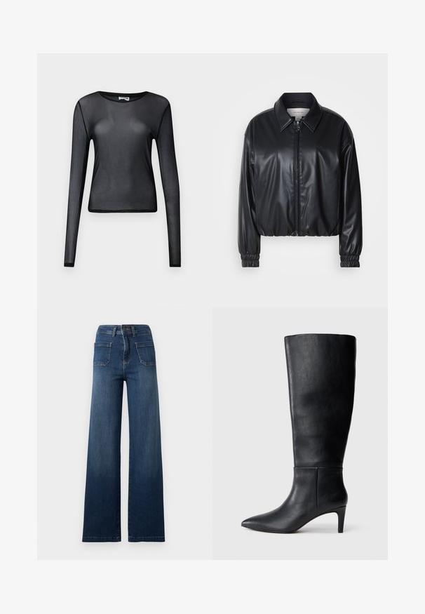 Veste noire courte en simili cuir avec fermeture éclair à l'avant, col pointu et poignets élastiques. Présente un marquage minimal sur la poitrine.; Haut noir à manches longues en maille transparente avec col rond et silhouette ajustée, présenté sur un fond uni.; Jean bleu taille haute à jambes larges avec poches plaquées à l'avant, fermeture par bouton et zip, et passants pour ceinture sur un fond uni.; Botte noire haute jusqu'au genou en cuir lisse, avec un bout pointu et un talon de hauteur moyenne, au design simple et épuré.