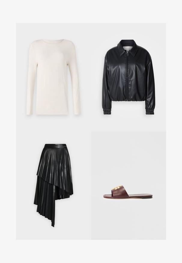 Sort cropped jakke i faux læder med lynlås foran, spidse kraver og elastiske håndled. Minimal brandings på brystet.; Langermet skjorte i off-white, lavet af blødt materiale, med rund halsudskæring og et enkelt, tætsiddende design. Glat tekstur, ingen mønstre.; Sort asymmetrisk plisseret nederdel med lagdelte paneler og en glat talje, lavet af skinnende læderlignende materiale.; Flad bordeaux lædersandal med guld dekorativ hardware på den brede rem, sort sål og åbent tådesign.