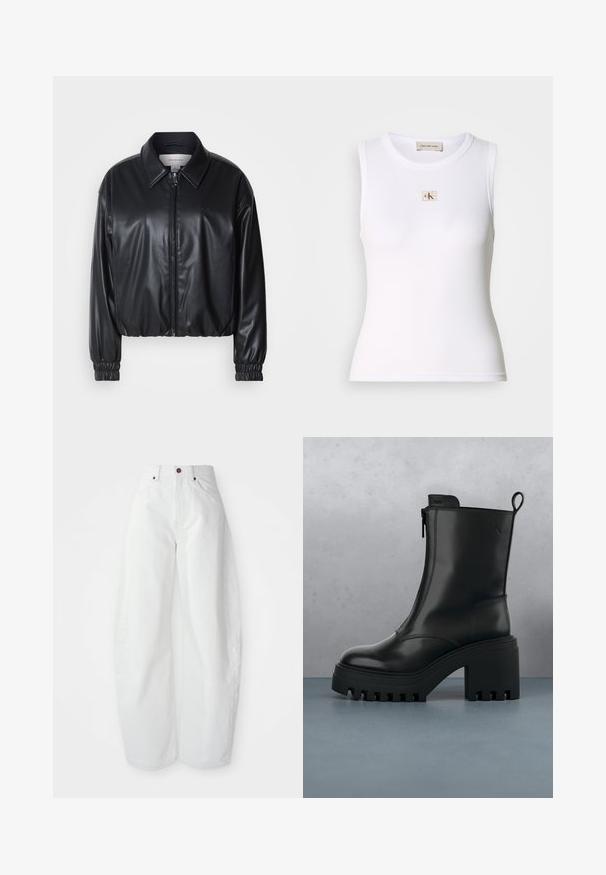 Zwarte cropped jacket van faux leer met een ritssluiting aan de voorkant, puntige kraag en elastische manchetten. Bevat minimale branding op de borst.; Wit geribd mouwloos tanktop met Calvin Klein Jeans-label op de borst en binnenhalslabel.; Hoge taille witte spijkerbroek met een losse pasvorm. Voorzien van een knoopsluiting, zijzakken en een minimalistisch ontwerp. Glad textuur.; Zwarte leren enkelboot met stevige zool, blokhak, rits aan de zijkant en een trekloop achterop op een effen witte achtergrond.