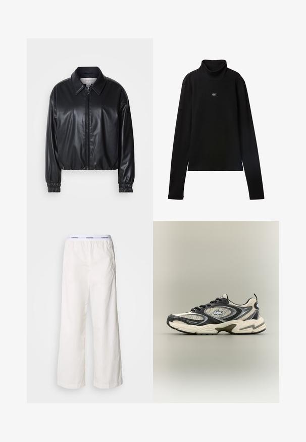 Sort cropped jakke i faux læder med lynlås foran, spidse kraver og elastiske håndled. Minimal brandings på brystet.; Sort ribstrikket bluse med lange ærmer og lille firkantet Calvin Klein-logo placeret centralt på brystet.; Hvide brede bukser med elastisk talje og et kontrasterende Calvin Klein-logo. Fremstillet af glat stof, giver de en afslappet pasform.; Sorte og beige mesh sneakers har en polstret krave, tekstureret overdel og en fremtrædende logo på siden. Slank design med bøjet sål.