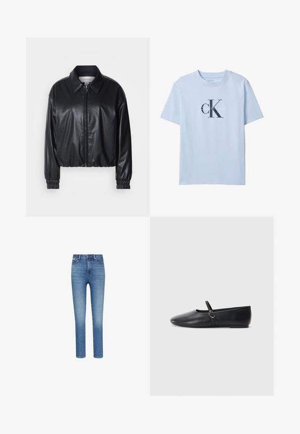 Chaqueta negra corta de piel sintética con cremallera frontal, cuello puntiagudo y puños elásticos. Presenta un branding mínimo en el pecho.; Camiseta de color azul claro de manga corta con un gran logo "cK" en negro y "Calvin Klein" en blanco centrado en la parte delantera.; Vaqueros ajustados en denim azul de lavado medio. Presentan una cintura alta, diseño de cinco bolsillos y costuras contrastantes en todo el tejido.; Bailarinas de cuero negro con punta afilada, suela plana y una pequeña correa con detalle de hebilla plateada.