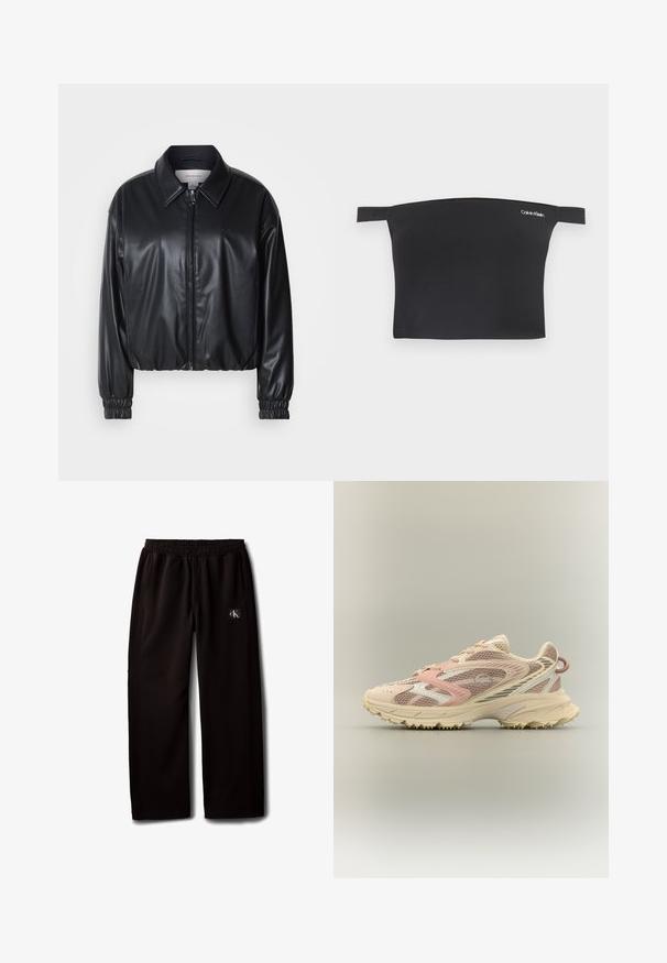 Sort cropped jakke i faux læder med lynlås foran, spidse kraver og elastiske håndled. Minimal brandings på brystet.; Sort crop top med off-shoulder design, fremstillet af glat stof. Har smalle stropper og et lille hvidt Calvin Klein-logo på forsiden.; Sorte vidde bukser med elastisk taljebånd og sidelommer, med en lille Calvin Klein-logo patch på højre lår.; Løbesko med pink, beige og cremet mesh samt syntetiske overlays, kraftig sål og tekstureret ydersål for greb, set fra siden.