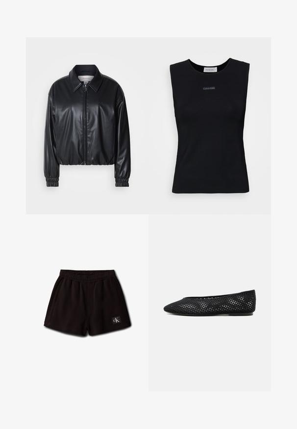 Schwarze, taillierte Jacke aus Kunstleder mit einem Reißverschluss vorn, spitzem Kragen und elastischen Bündchen. Verfügt über eine minimale Markenkennzeichnung auf der Brust.; Schwarzes ärmelloses Top aus glattem Stoff. Merkmale einen runden Ausschnitt und ein kleines Calvin Klein Logo in der Mitte. Einfaches und figurnahes Design.; Schwarze elastische Shorts mit Seitentaschen und einem kleinen Calvin Klein Logo-Patch vorne unten links.; Schwarzer Mesh-Flachschuh mit geschlossener Spitze und niedrigem Absatz, mit atmungsaktivem gewebtem Design und dezentem seitlichem Logo.