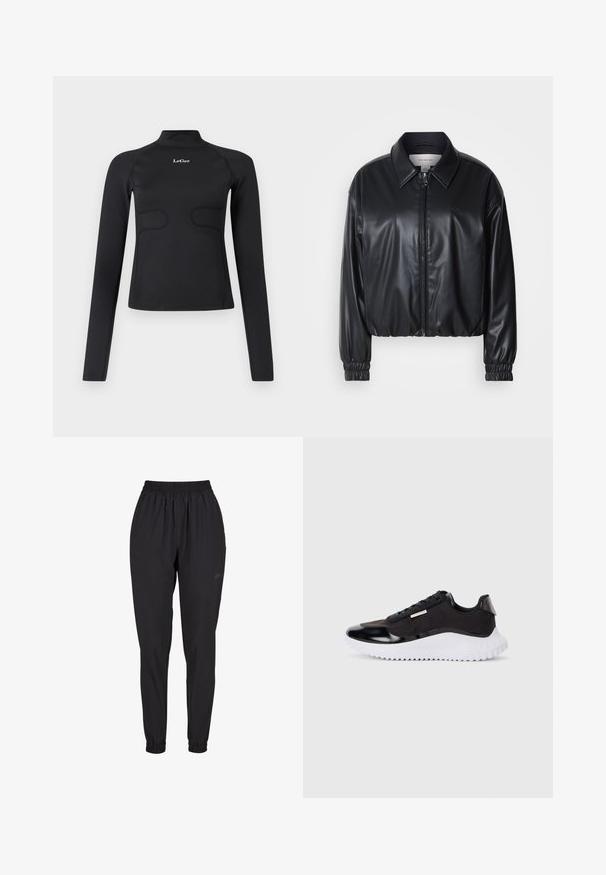 Veste noire courte en simili cuir avec fermeture éclair à l'avant, col pointu et poignets élastiques. Présente un marquage minimal sur la poitrine.; Haut ajusté à manches longues noir avec col montant et logo "LeGer" blanc centré sur la poitrine, le tout sur fond blanc.; Pantalons noirs à taille élastique avec des poignets froncés, au design droit, fabriqués à partir d'un matériau léger, avec un logo subtil sur le côté.; Baskets de sport noires avec une tige en synthétique lisse, une semelle blanche épaisse, des accents texturés et des lacets noirs. Design minimaliste, sans logos visibles.