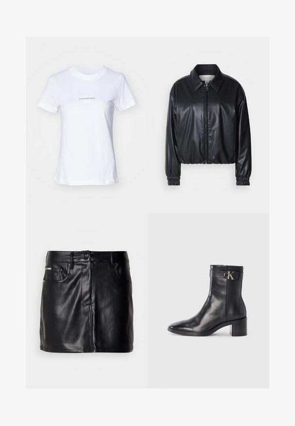 Sort cropped jakke i faux læder med lynlås foran, spidse kraver og elastiske håndled. Minimal brandings på brystet.; Hvid bomulds t-shirt med rund hals, korte ærmer og grafisk tryk foran i blåt tekst: "CalvinKleinJeans" med et stiliseret "K" logo.; Sort læder mini-nederdel med skræddersyet design, der har forlommer, knaplukning og en glat overflade.; Sort læder ankelstøvle med spids tå, blokhæl og en rem med en metallisk logo detalje. Glat tekstur og minimalistisk design.