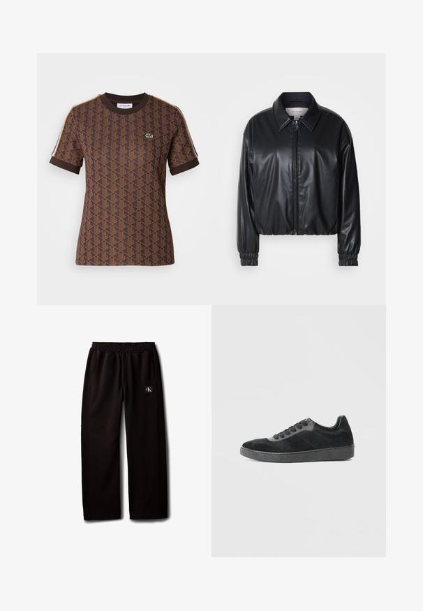 Μαύρο cropped μπουφάν από τεχνητό δέρμα με φερμουάρ μπροστά, μυτερό γιακά και ελαστικούς καρπούς. Διαθέτει ελάχιστη επωνυμία στο στήθος.; Καφέ κοντομάνικο μπλουζάκι με γεωμετρικό μοτίβο σε σκούρο καφέ, ραμμένο κολάρο σε ριμπ και αντίθετες ρίγες στους ώμους. Παρόν το λογότυπο Lacoste.; Μαύρο παντελόνι με φαρδιά μύτη, ελαστική μέση και πλαϊνές τσέπες, με μικρό λογότυπο Calvin Klein στο δεξί μηρό.; Μαύρα αθλητικά παπούτσια από σουέντ και γούνα με ανάγλυφη καουτσούκ σόλα. Διαθέτουν σχέδιο με κορδόνια και διακριτικές ραφές.