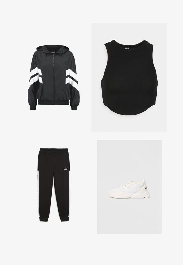 Mustast kapuutsiga jope, millel on valged chevron triibud varrukatel ning elastsed mansetid ja ääred.; Must mustribaline crop top kõrge kaelusega ja ilma varrukateta. Pehme tekstuur, millel on keha lähedal istuv kuju ja kergelt kõver hem.; Mustad mustad püksid elastse vöökoha, küljetaskute ja valgete külge triipudega, millel on logodetailid. Valmistatud pehmest ja venivast kangast.; Valge madala säärega toss, millel on segamehhanismiga võrk- ja nahkpind, paeladega kinnituv, jäme tald ja must "HUGO" kiri kandeküljel.