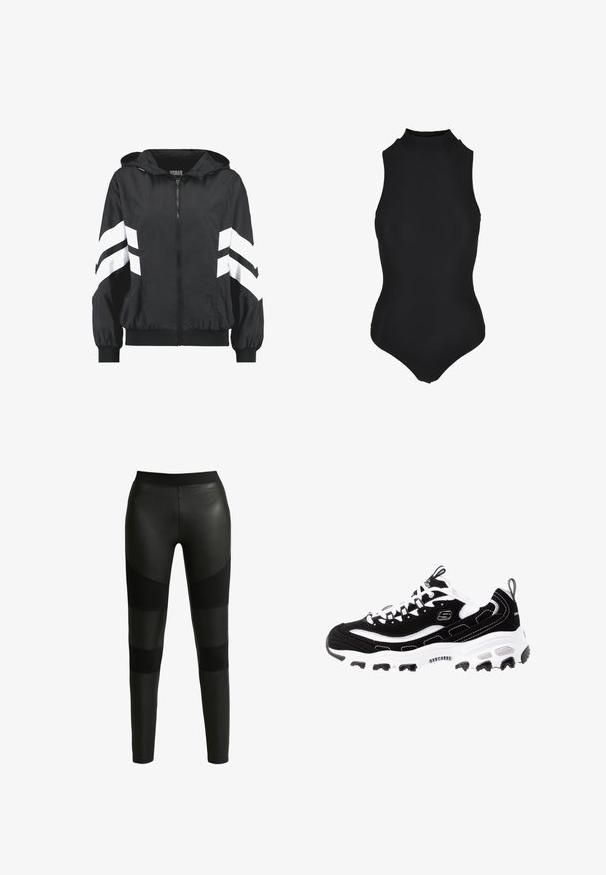 Chaqueta negra con capucha y cremallera, con rayas blancas en forma de cheurón en las mangas y puños y bajo elásticos.; Bodysuit negro sin mangas de canalé con cuello alto y silueta ajustada.; Pantalones ajustados negros con una combinación de acabados brillantes y mate. Presentan una cinturilla ancha y paneles en contraste a lo largo de las piernas. Textura suave.; Zapatilla deportiva en blanco y negro con parte superior de ante, cuello acolchado y suela ligera. Presenta un logotipo prominente y detalles de costura en contraste.
