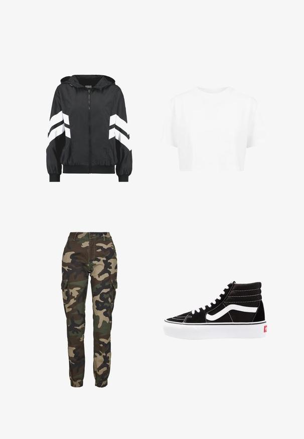 Sort lynlåstrøje med hætte med hvide chevronstriber på ærmerne samt elastiske manchetter og kant.; Hvid cropped t-shirt, korte ærmer, rund halsudskæring, lavet af blødt stof, uden synlige mønstre eller distinkt hardware.; Kamuflage cargo bukser i nuancer af grøn, brun og sort; har elastiske manchetter, sidelommer og en sikker knaplukning.; Sorte høj-top sneakers med hvide snørebånd, et hvidt logo og kontrasterende hvid syning. Har en tyk hvid sål og struktureret ruskindsoverdel.