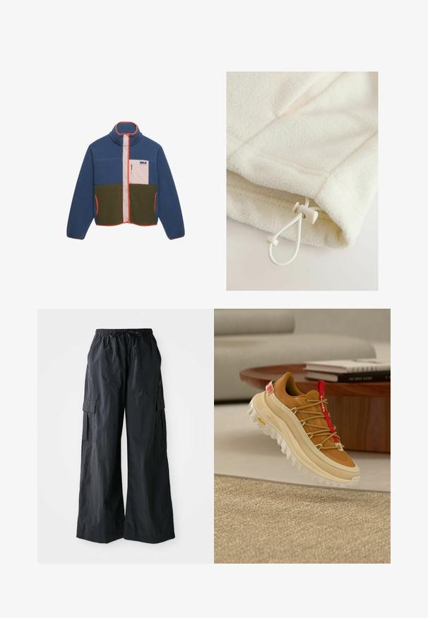 Chaqueta de forro polar con parte superior azul, parte inferior verde, bolsillo en el pecho con cremallera rosa claro y ribete naranja a lo largo de la cremallera, el cuello y los bolsillos.; Prenda de forro polar en color blanco roto con textura suave, que cuenta con un cierre de botón de palanca y un cordón para ajuste en el dobladillo.; Pantalones cargo negros hechos de una tela ligera, con un diseño de pierna ancha, cinturilla elástica y múltiples bolsillos laterales. Sencillos y funcionales.; Zapato de senderismo marrón y beige con lengüeta roja para tirar, suela blanca gruesa y cordones estilo cuerda, flotando sobre una alfombra beige tejida en el interior.