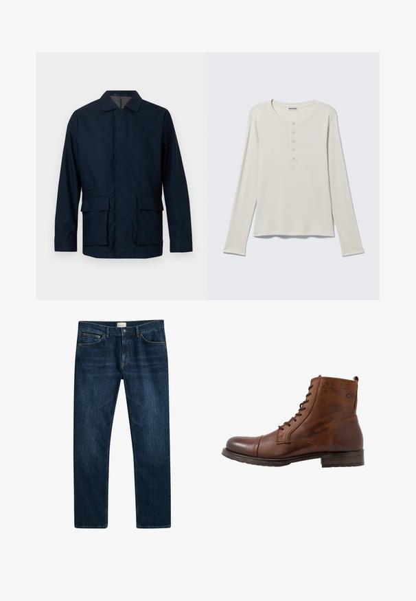 Mørkeblå jakke med flad krave, lynlås foran, to store frontlommer og en glat overflade, lavet af letvægtigt stof.; Langærmet cremefarvet henley-shirt med rund halsudskæring og fem-knaps læg, mærket Weekday, lagt fladt på en neutral baggrund.; Mørkeblå denim jeans med lige ben, knap- og lynlåslukning samt forlommer. Glat tekstur og minimal falmning.; Brune læderankelstøvle med snørebånd, rund tå, gummisål og subtil ton i ton syning. Har en lille løkke på bagsiden.