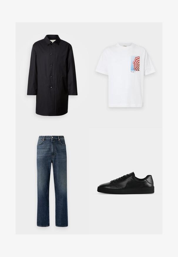 Sort frakke med knaplukning foran, spidseret krave og lange ærmer. Fremstillet af glat stof, med seks knapper og et lige snit.; Hvid T-shirt med et foto af en rød- og hvidstribet paraply mod en blå himmel, med teksten "GOOD TIMES AND TAN LINES" nedenunder.; Mørkeblå denim jeans med lige ben, synlige syninger, fem-lomme design og sølvfarvet knaplukning i taljen.; Svært lavprofileret sort lædersneaker med snørebånd foran og tekstureret flad sål, vist fra siden på en neutral baggrund.