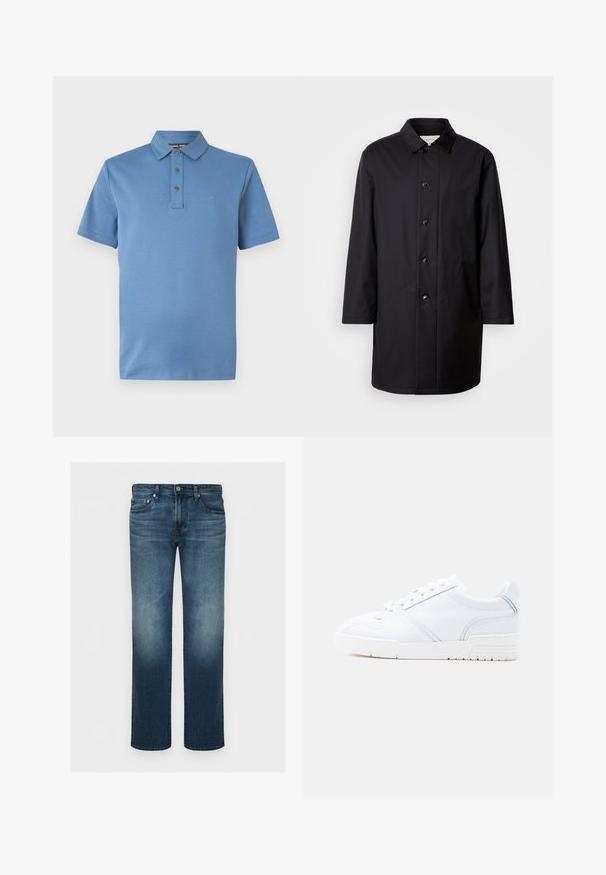 Zwarte jas met een knoopsluiting aan de voorkant, een puntkraag en lange mouwen. Gemaakt van gladde stof, met zes knopen en een rechte snit.; Blauw poloshirt met korte mouwen, klassieke kraag, drieknopenbies en subtiel "MK"-logo op de linkerborst.; Blauwe denim jeans met een rechte pijp, voorste knoop en ritssluiting en vijf zakken, getoond tegen een effen achtergrond.; Witte lage sneaker met vetersluiting, gestikte panelen en een gestructureerde zool, weergegeven in zijaanzicht op een effen achtergrond.