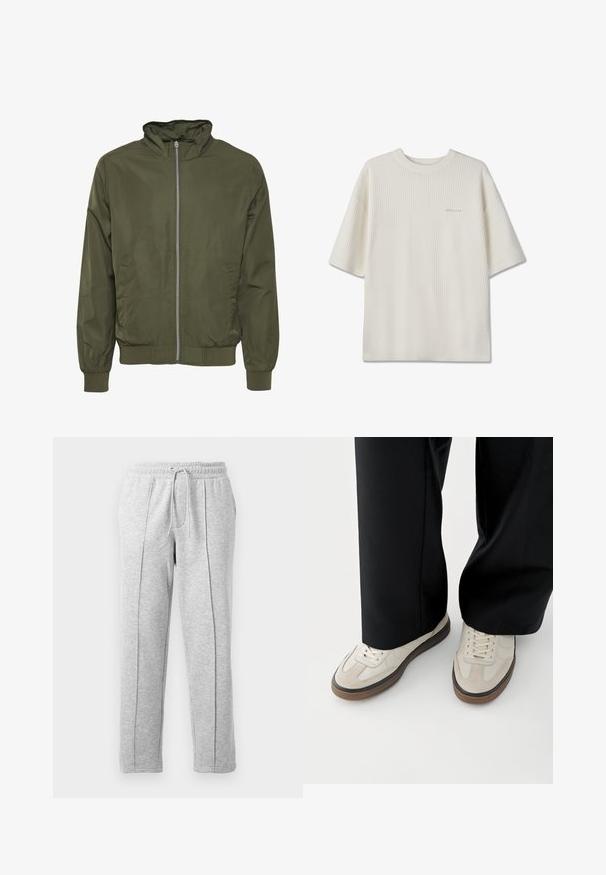 Veste bomber vert olive avec fermeture éclair à l'avant, poignets élastiqués et ourlet, dotée d'un col montant et de poches latérales. Texture lisse.; Pull court blanc à manches courtes en tricot avec texture côtelée et encolure ronde, petit logo subtil sur le côté gauche de la poitrine.; Pantalons de jogging gris avec une taille élastique à cordon, jambes droites, coutures latérales et une texture douce. Conviennent pour un usage décontracté ou pour faire du sport.; Pieds portant des baskets beige avec des semelles marron et un pantalon noir à jambes larges sur fond blanc.