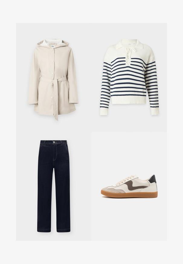 Beige regnfrakke med snørelukning ved hætten, forreste knapper og bælte. Glat tekstur med strømlinet design og sidelommer.; Hvid strikket sweater med marineblå vandrette striber, lange ærmer, ribbet kant og en snørelukning med en foldet krave.; Mørkeblå denimjeans med høj talje, lige ben, forlommer, knaplukning og bæltestropper på en lys baggrund.; Sneakers med en cremefarvet læderoverdel, en mørkebrun svine læder detalje, beige snørebånd og en gummigummisål; klassisk lavprofil design.