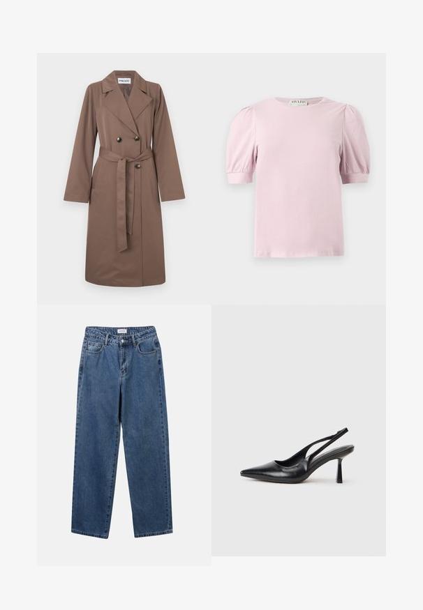 Gabardina marrón de doble botonadura con cinturón, mangas largas, solapas anchas y botones negros. Está hecha de tela lisa con una silueta elegante.; Blusa de manga corta de color rosa claro con mangas abullonadas y escote redondo, mostrada sobre un fondo blanco.; Jeans de mezclilla azul clásico con un diseño de pierna recta, cinco bolsillos y cierre de botón. Presenta un lavado medio y una textura resistente.; Zapato de tacón alto negro de cuero con puntera afilada y tacón delgado sobre un fondo blanco.